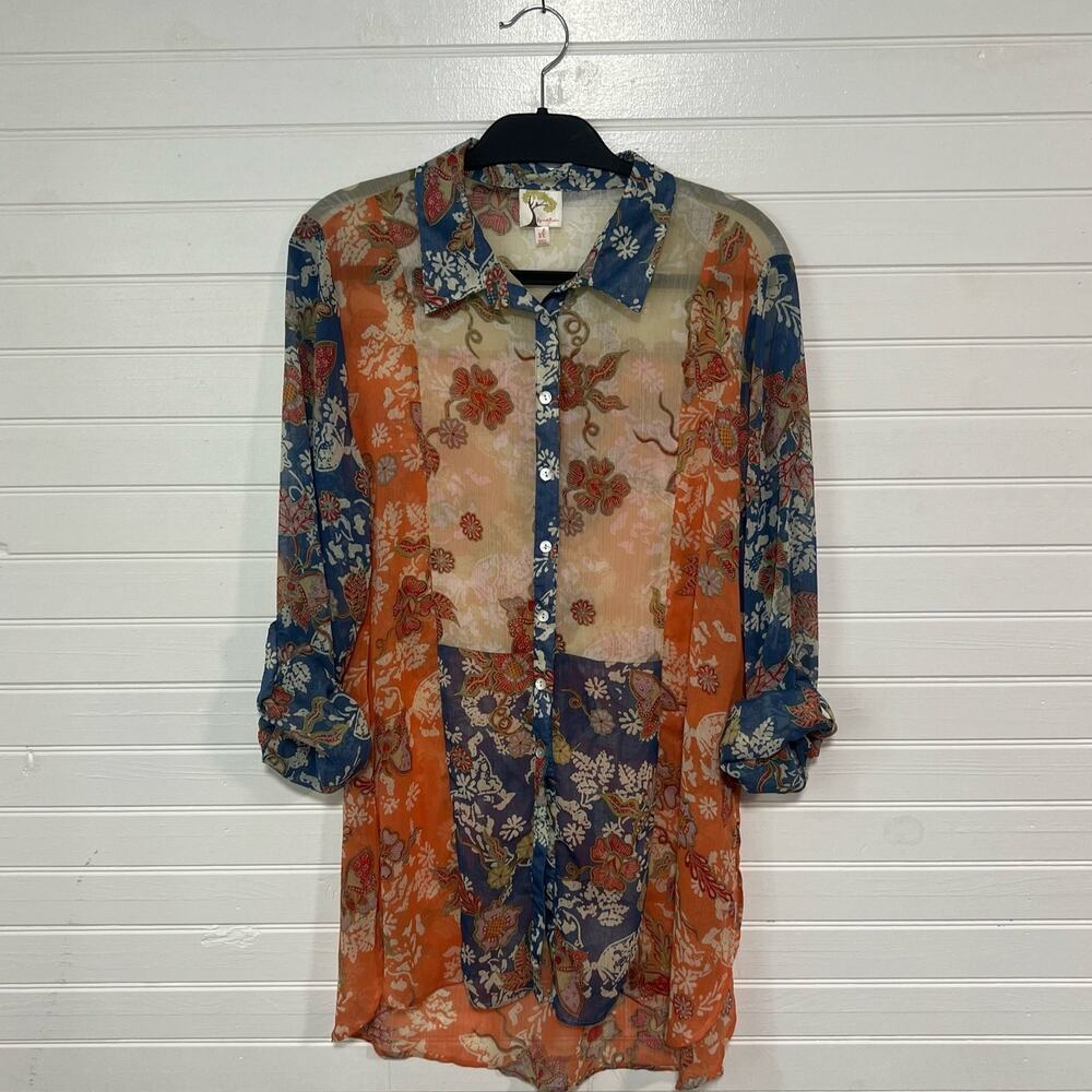 Anthropologie Sheer Floral Blouse - Orange and Blue